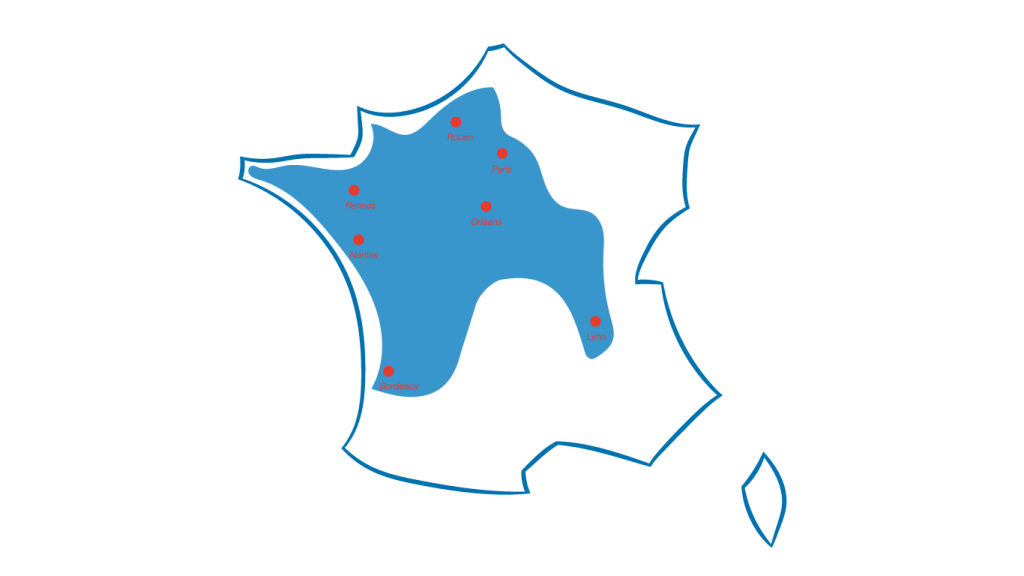 Cette illustration représente la zone où nous intervenons en France, elle comprend la région centre, parisienne et lyonnaise..